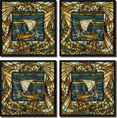 Art Nouveau Sailboat Nautical Ceramic Accent Tile Set  