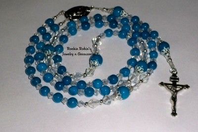 Turquoise Blue Jade Catholic Rosary Bead Necklace  