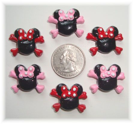 6PC MINNIE SKULL CROSSBONE FLATBACK RESINS MOUSE ASST  