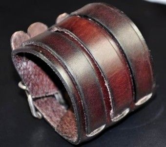 Mens Quality 3 band Wide Vintage First Class Leather Bracelet Cuff 