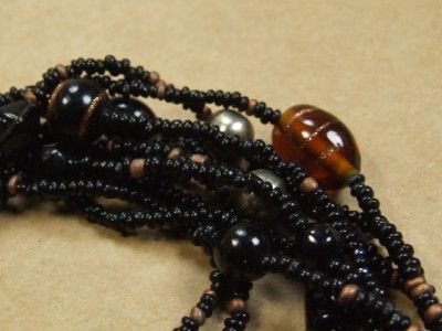   Black Glass Seed Bead Copper & Art Glass Beaded Necklace 30 *  