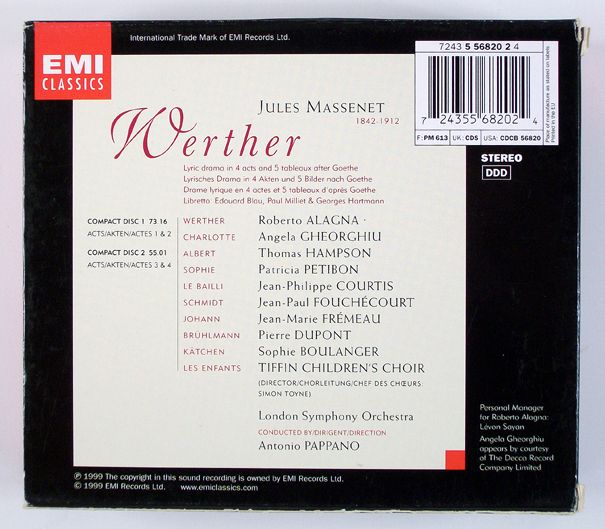 MASSENET WERTHER ALAGNA GHEORGHIU PAPPANO 2 CD SET 724355682024  