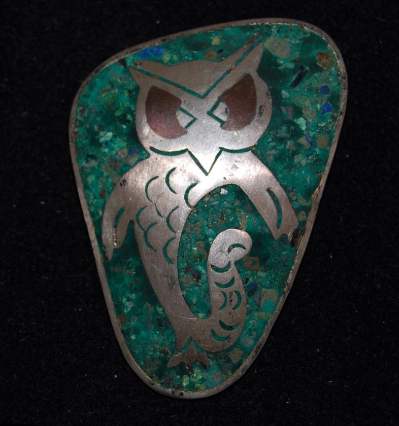 Vintage Mexican Sterling Taxco APB & Turquoise Owl Pin  