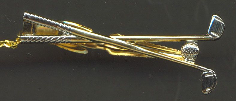 Mens Neck Tie Clip Clasp Silver Gold Tone Crossed Golf Clubs And Ball 