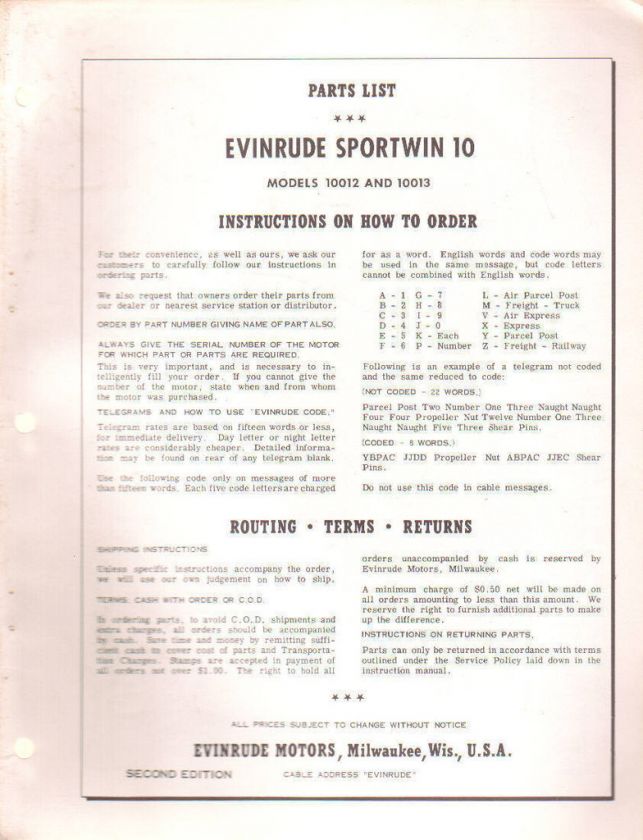 1956 Evinrude sportwin 10 HP 10012 10013 Outboard Parts Catalog Manual 