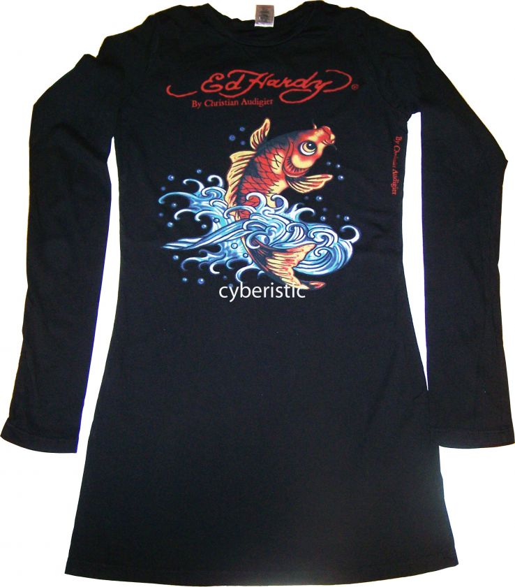 Ed Hardy Womens Black Koi Fish Long Sleeves T Shirt M L  