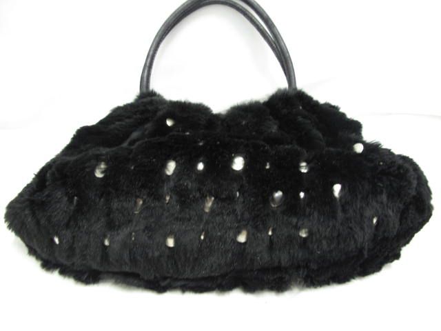 Sonia Rykiel Black Fur Silver Studded Leather Strap Bag  