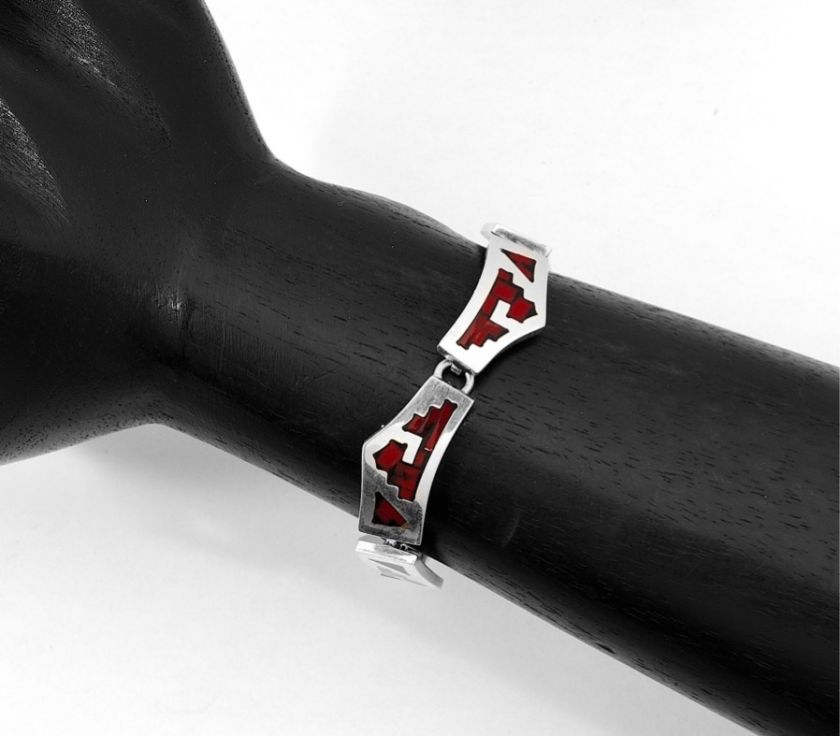 Sterling Silver Red Jasper Inlay Bracelet Taxco Mexico  