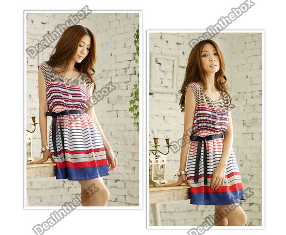 Womens Summer Colorful Stripes Party Mini Dress With Belt Short 