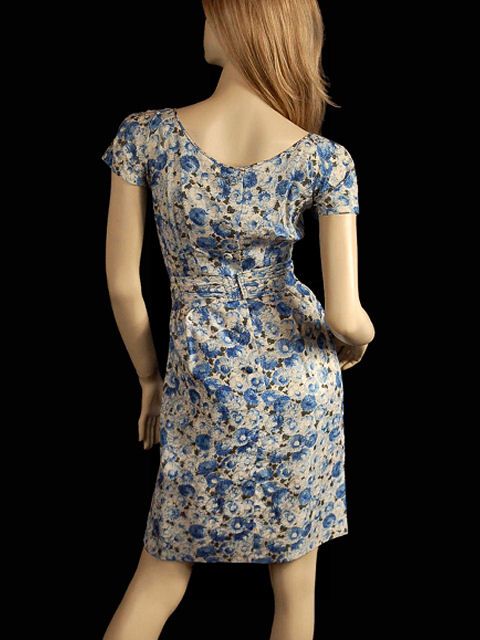 Vintage Day Dress Blue Silk Floral 1950’S 34 24 36  