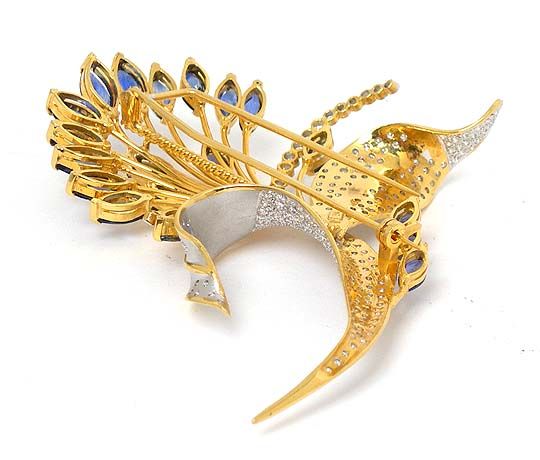 AMAZING 2 T 18K GOLD, DIAMONDS & SAPPHIRES FLORAL PIN  