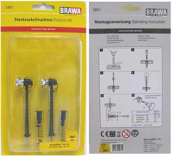 Brawa 5861 HO Floodlight, Pin Socket, Set of 2, NEW  