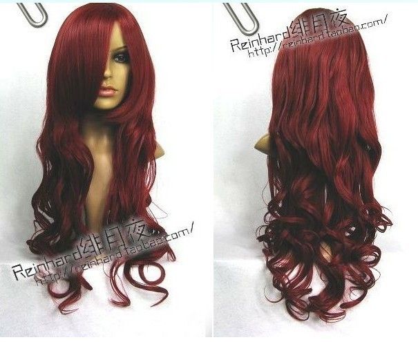 New long Dark Red Cosplay Party Curly Wig + wig cap  