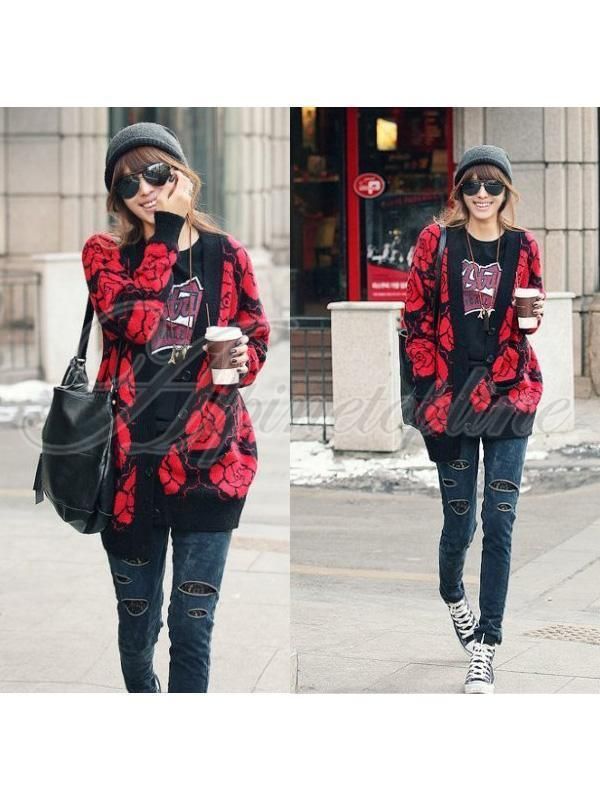 Women Casual Warm Rose Flower Knitwear Sweater Outwear Cardigan Coat 