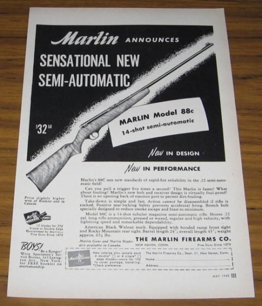 1949 AD~MARLIN MODEL 88C SEMI AUTOMATIC .22 RIFLE  