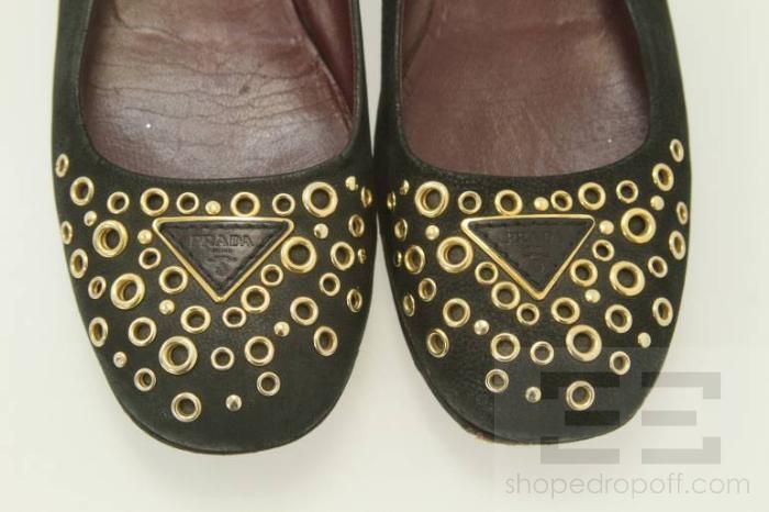 Prada Black Pebbled Nubuck Leather & Gold Grommet Flats Size 37  