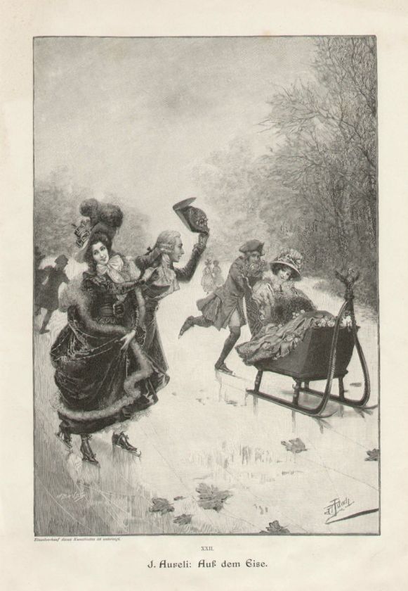 German Ice Skating Scene Victorian Ladies Fashion Sleigh RARE Antique 