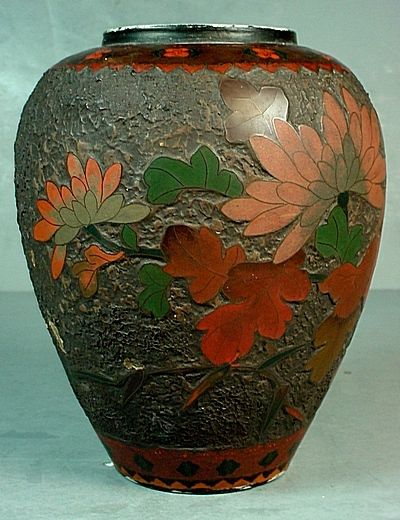 ANTIQUE JAPANESE TOTAI SHIPPO TREE BARK CLOISONNE VASE  