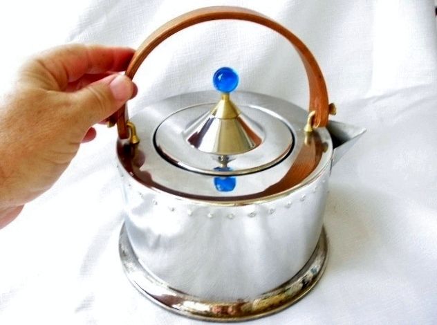 MID CENTURY C JORGENSEN JEWELED STAINLESS TEA KETTLE  