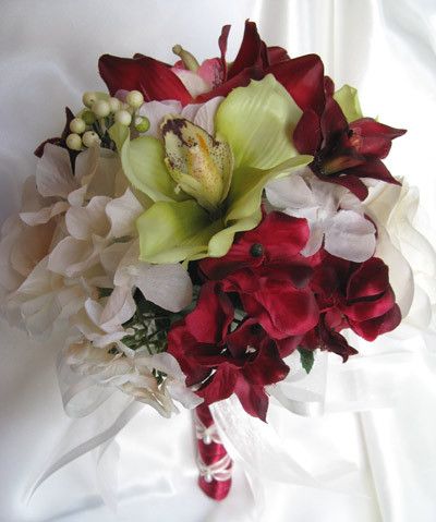 10pc wedding Bouquet Bridal flower CREAM/BURGUNDY/GREEN  