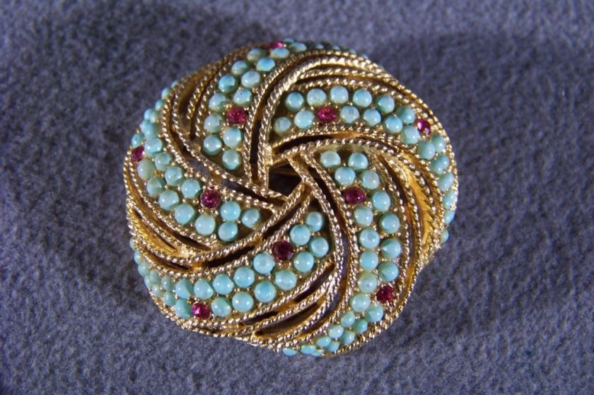 ANTIQUE KRAMER NY FAUX TURQUOISE RHINESTONE PIN BROOCH  