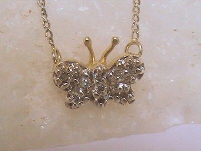 14K SOLID WHITE YELLOW GOLD DIAMOND BUTTERFLY CHARM PENDANT NECKLACE 