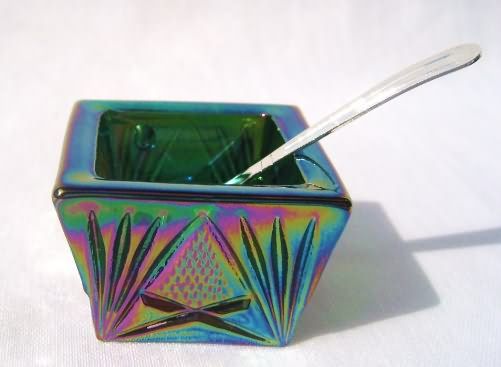 Green Carnival Glass Square Salt Dip with Silver Spoon  