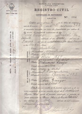 Argentina 1934 Marriage Certificate Document ORIGINAL  