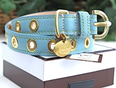 New COACH Blue LEATHER Brass Grommet DOG COLLAR with Charm NIB XL 