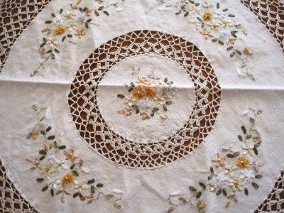 Hand Ribbon Embroidery Flower Crochet Table Cloth Round  