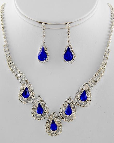 New Royal Blue rhinestone necklace earring set festive PROM wedding 