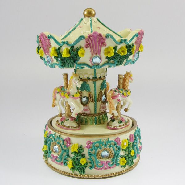   & White Musical Carousel Music Box Plays Green Sleeves 6.5H  