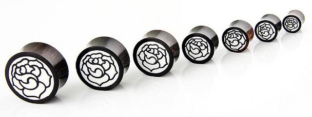 Wood Bone inlay Rose Flower EAR PLUGS GAUGES_PICK SIZE  