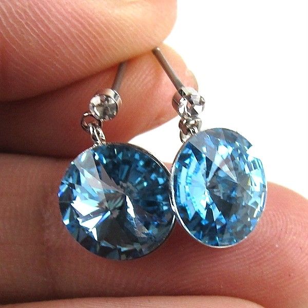 18K GP Ocean Blue round rivoli earrings eardrop 074  