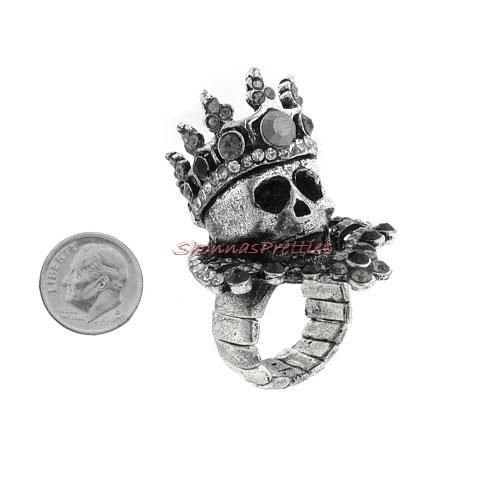 Big Dark Silver Skull King Cape Crown Chunky Ring Men Women Unisex Jet 