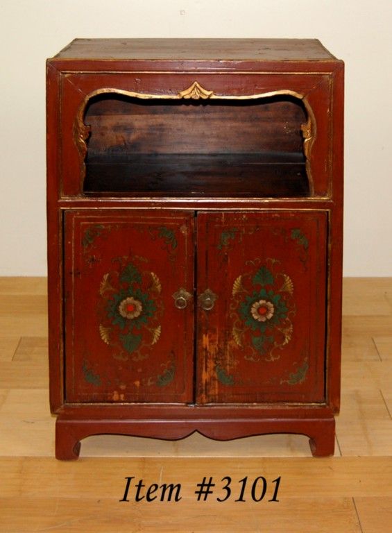 ANTIQUE MONGOLIAN RED ALTAR CABINET Side Table Stand  