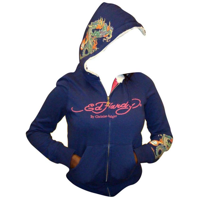 Ed Hardy Navy Womens Specialty Geisha Hoodie With Fur  