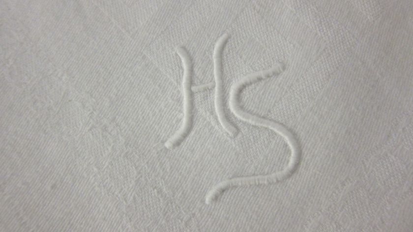 VINTAGE EURO DAMASK TABLECLOTH GREEK KEY MONOGRAMMED HS  