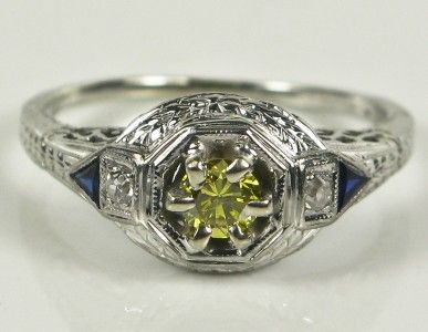 Deco 18k White Gold 1/2ct Vivid Canary Diamond & Gem Class Sapphire 