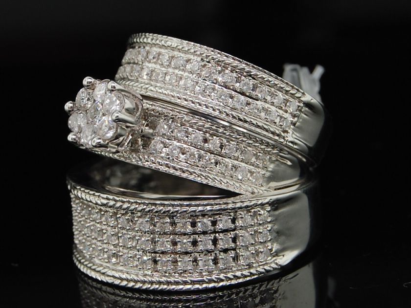 LADIES + MENS WEDDING BAND ENGAGEMENT DIAMOND TRIO SET  