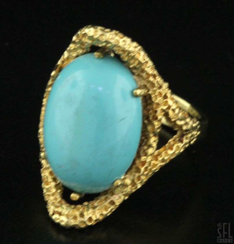 VINTAGE 18K GOLD UNIQUE ELEGANT TURQUOISE COCKTAIL RING SIZE 7.75 